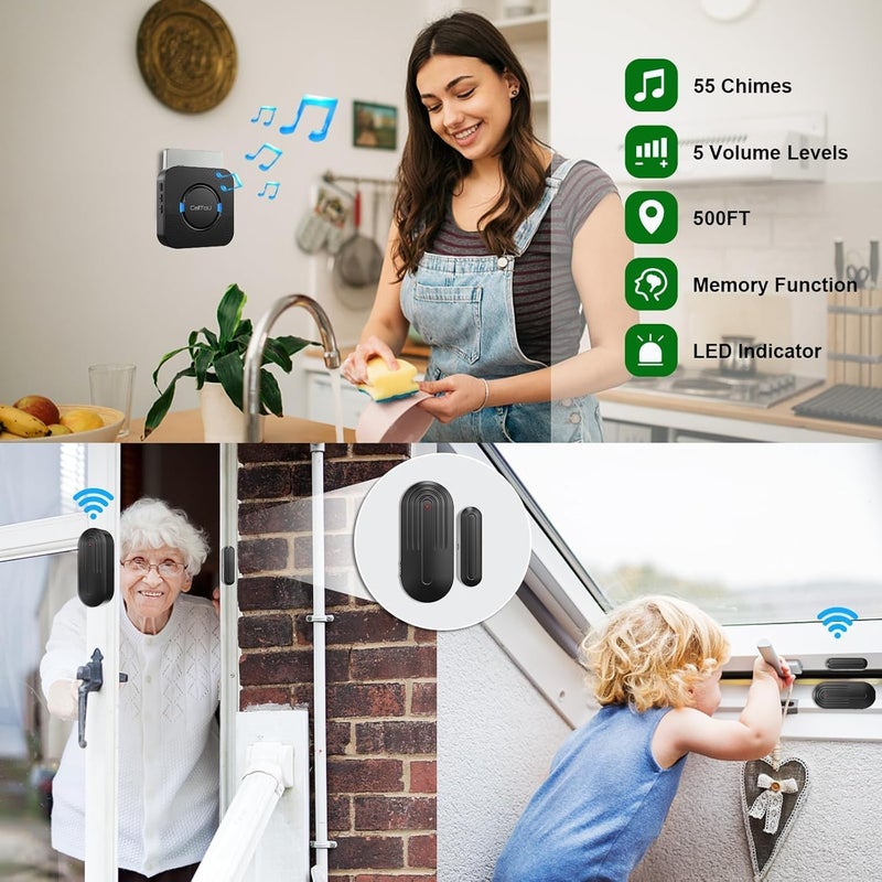 CallToU Caregiver Pager Door Chime for Dementia/Patients/Alzheimers /Kids Safety/Home Security, Door Sensor Alarm with 2 Sensor and 2 Plug-in Receiver, 500FT Wireless Range - Image 2